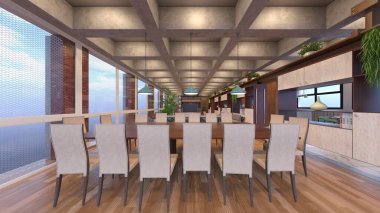 Geniş oturma odasının 3 boyutlu canlandırması 