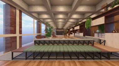 Geniş oturma odasının 3 boyutlu canlandırması 