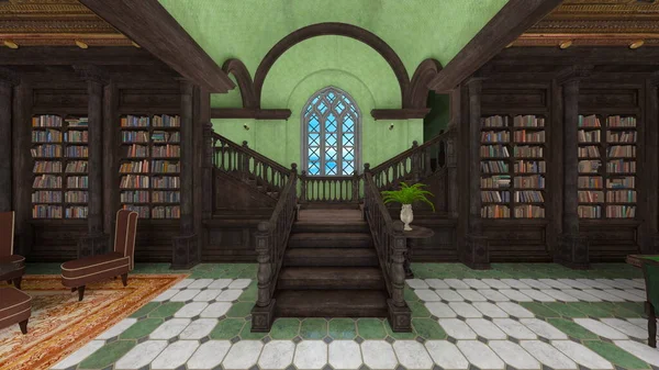 Rendu Maison Avec Une Grande Bibliothèque — Photo