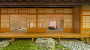 Japon tarzı otelin ve bahçesinin 3 boyutlu tasarımı