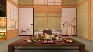 Japon tarzı otelin ve bahçesinin 3 boyutlu tasarımı