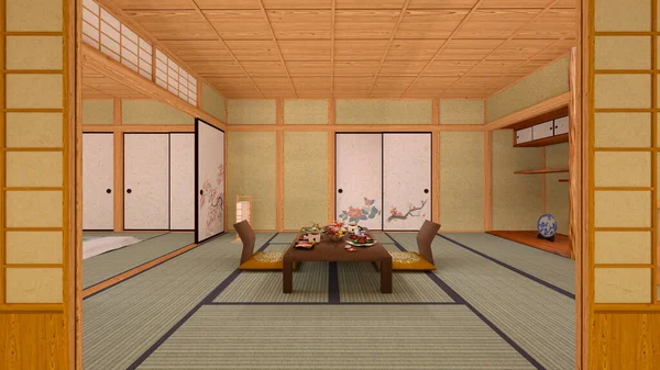 Rendering Den Japanska Stil Värdshus Och Trädgård — Stockfoto