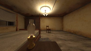 Loş yatak odasının 3 boyutlu canlandırması