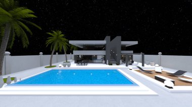 Evin yüzme havuzlu 3D görüntüsü