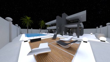 Evin yüzme havuzlu 3D görüntüsü