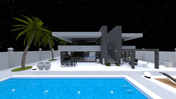 Rendering Van Het Huis Met Zwembad — Stockfoto