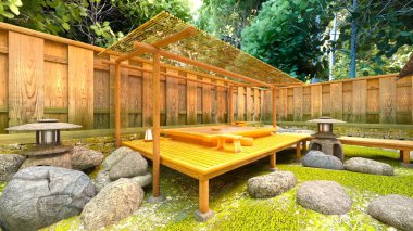 Japon tarzı otelin ve bahçesinin 3 boyutlu tasarımı