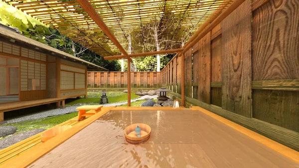 Rendering Den Japanska Stil Värdshus Och Trädgård — Stockfoto
