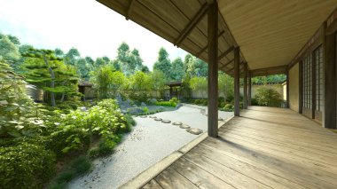 Japon tarzı otelin ve bahçesinin 3 boyutlu tasarımı