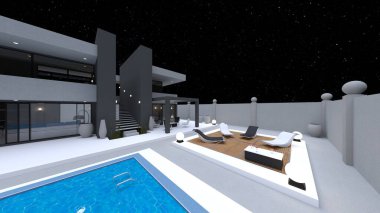 Evin yüzme havuzlu 3D görüntüsü