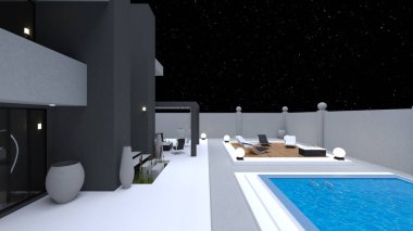 Evin yüzme havuzlu 3D görüntüsü