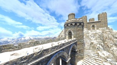 Dağın tepesindeki kalenin 3D yansıması