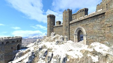 Dağın tepesindeki kalenin 3D yansıması