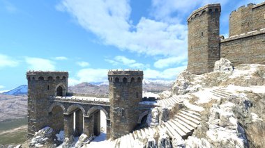 Dağın tepesindeki kalenin 3D yansıması