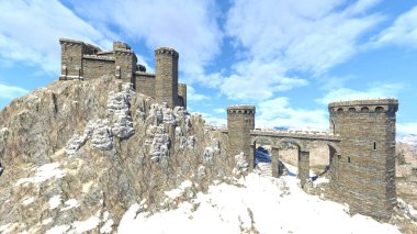 Dağın tepesindeki kalenin 3D yansıması