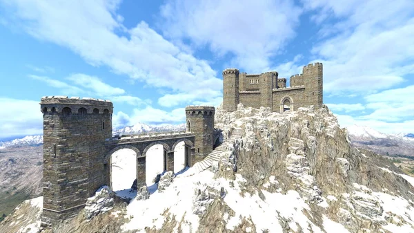 Dağın tepesindeki kalenin 3D yansıması