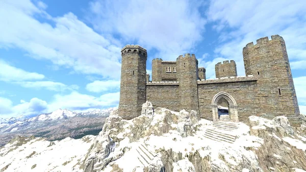 Dağın tepesindeki kalenin 3D yansıması