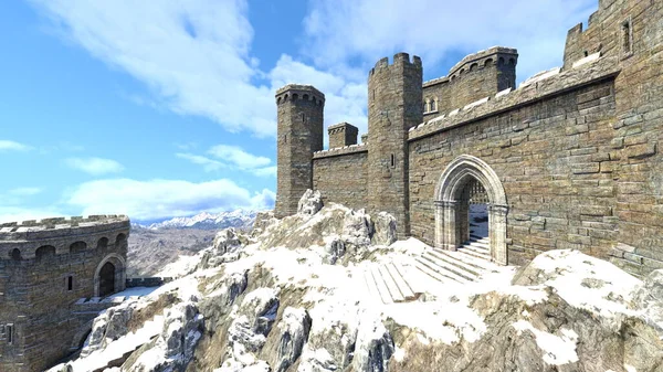 Dağın tepesindeki kalenin 3D yansıması