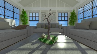 Deniz manzaralı oturma odasının 3 boyutlu görüntüsü