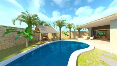Evin yüzme havuzlu 3D görüntüsü