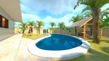 Evin yüzme havuzlu 3D görüntüsü