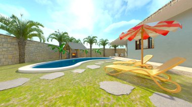 Evin yüzme havuzlu 3D görüntüsü