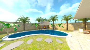 Evin yüzme havuzlu 3D görüntüsü