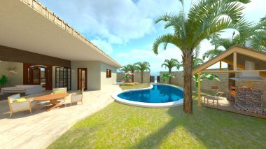 Evin yüzme havuzlu 3D görüntüsü