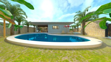 Evin yüzme havuzlu 3D görüntüsü