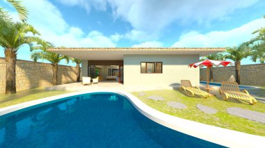 Evin yüzme havuzlu 3D görüntüsü