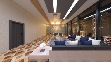 Oturma odasının gece görüşlü 3D görüntüsü