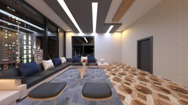 Oturma odasının gece görüşlü 3D görüntüsü