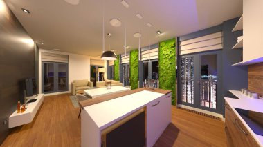 Oturma odasının gece görüşlü 3D görüntüsü