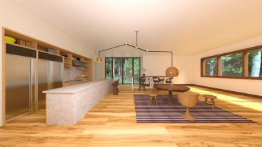 Büyük pencereli yemek mutfağının 3D görüntüsü