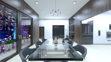 Oturma odasının gece görüşlü 3 boyutlu görüntüsü.