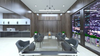 Oturma odasının gece görüşlü 3 boyutlu görüntüsü.