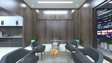 Oturma odasının gece görüşlü 3 boyutlu görüntüsü.