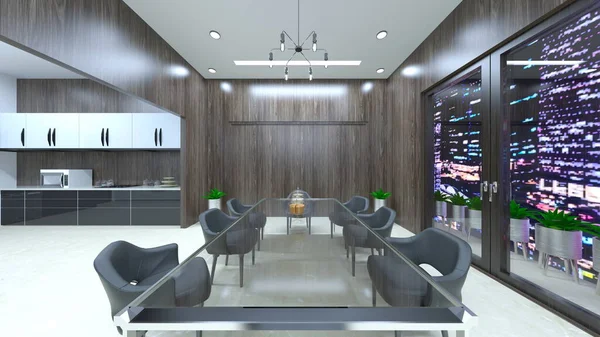 Oturma odasının gece görüşlü 3 boyutlu görüntüsü.