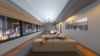 Oturma odasının gece görüşlü 3 boyutlu görüntüsü.