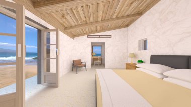 Yatak odasının deniz manzaralı 3D görüntüsü 
