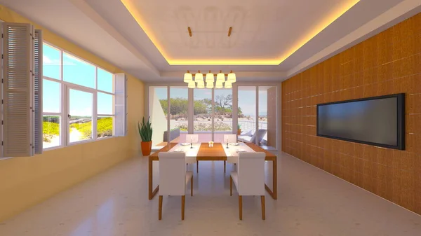 Rendering Dining Kitchen Large Windows — Foto Stock