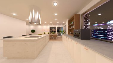 Oturma odasının gece görüşlü 3D görüntüsü