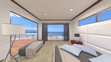 Yatak odasının deniz manzaralı 3D görüntüsü