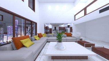 Oturma odasının gece görüşlü 3D görüntüsü