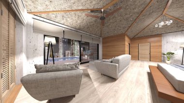 Oturma odasının gece görüşlü 3D görüntüsü