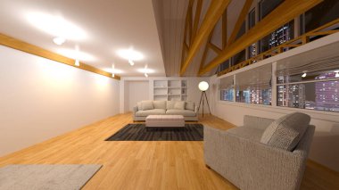 Oturma odasının gece görüşlü 3D görüntüsü