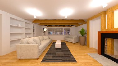 Oturma odasının gece görüşlü 3D görüntüsü