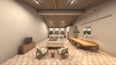 Dışarıdaki yemek mutfağının 3 boyutlu görüntüsü.