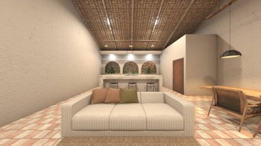 Dışarıdaki yemek mutfağının 3 boyutlu görüntüsü.