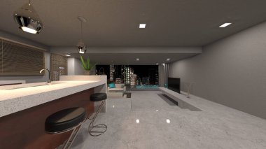 Oturma odasının gece görüşlü 3D görüntüsü